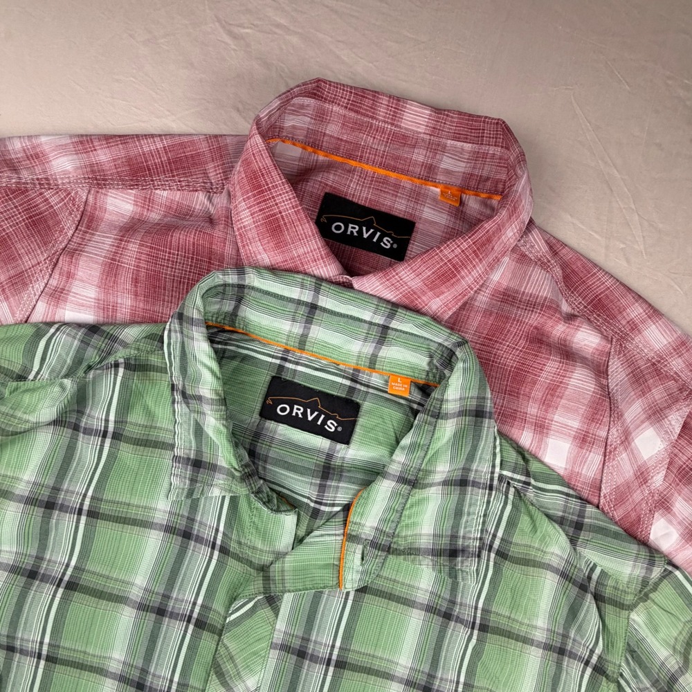 Orvis TROUT BUM Plaid Button Down Shirt Lot of 2 Mens Lg Green Red Short Sleeve